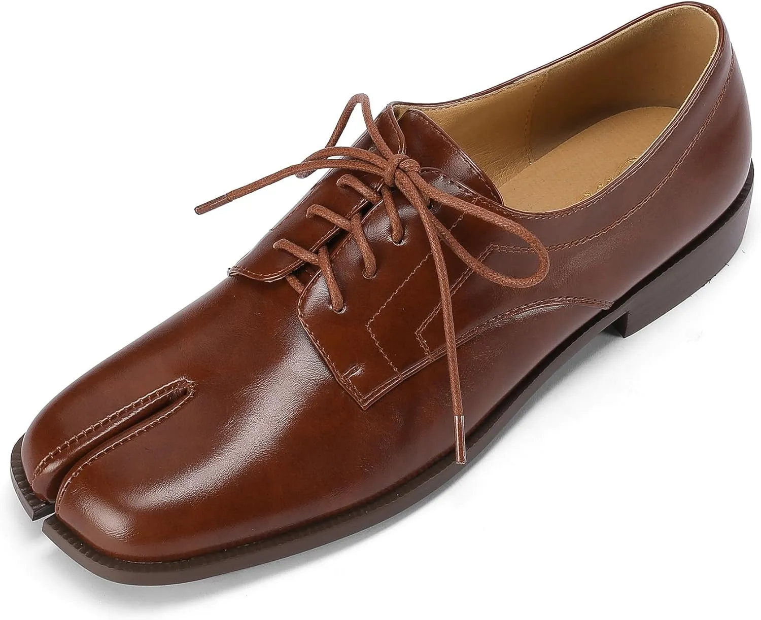 Women Neutral Oxford Shoes Lace-up Handmade Derby Faux Leather Flats Solid Ladies Shoes with Tabi Split Toe