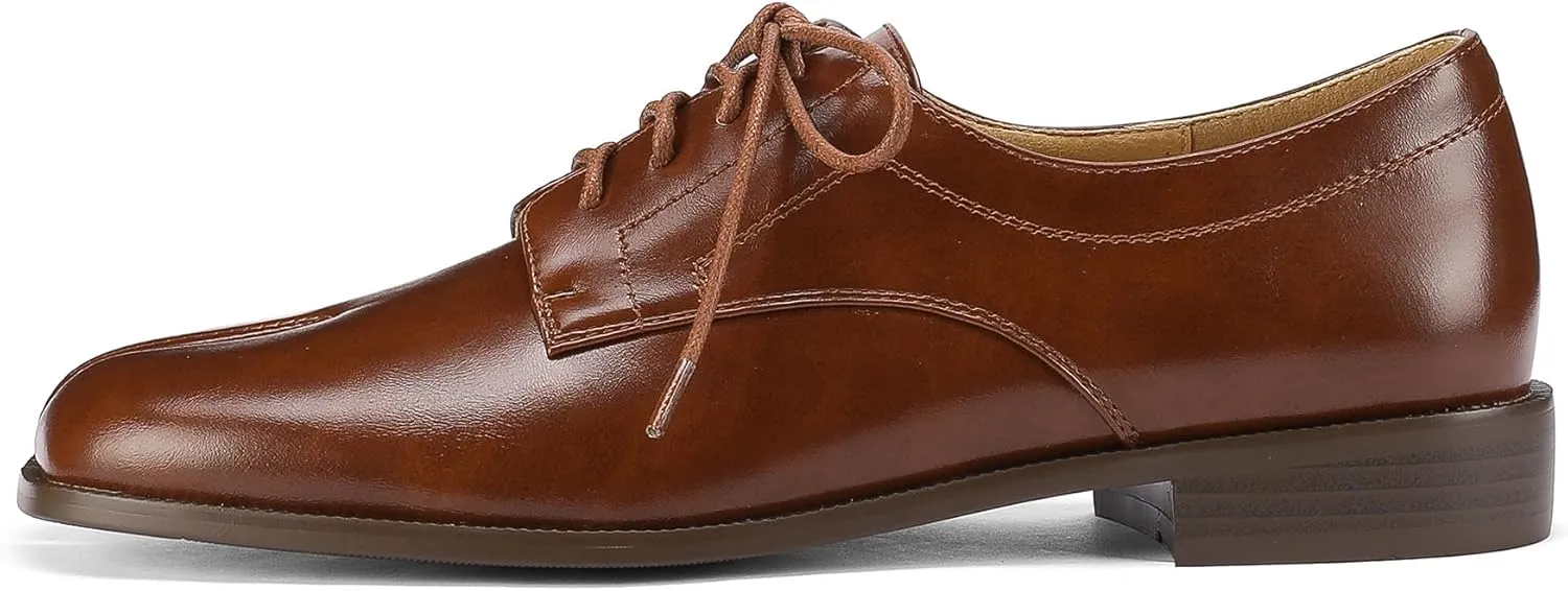 Women Neutral Oxford Shoes Lace-up Handmade Derby Faux Leather Flats Solid Ladies Shoes with Tabi Split Toe