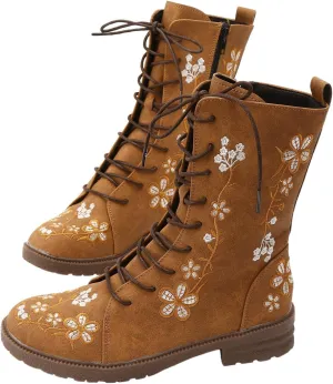 Womens Boots Winter Boots for Women Fashion Retro Printing Embroidery Square Heel Colorblocking Ethnic Short Boots