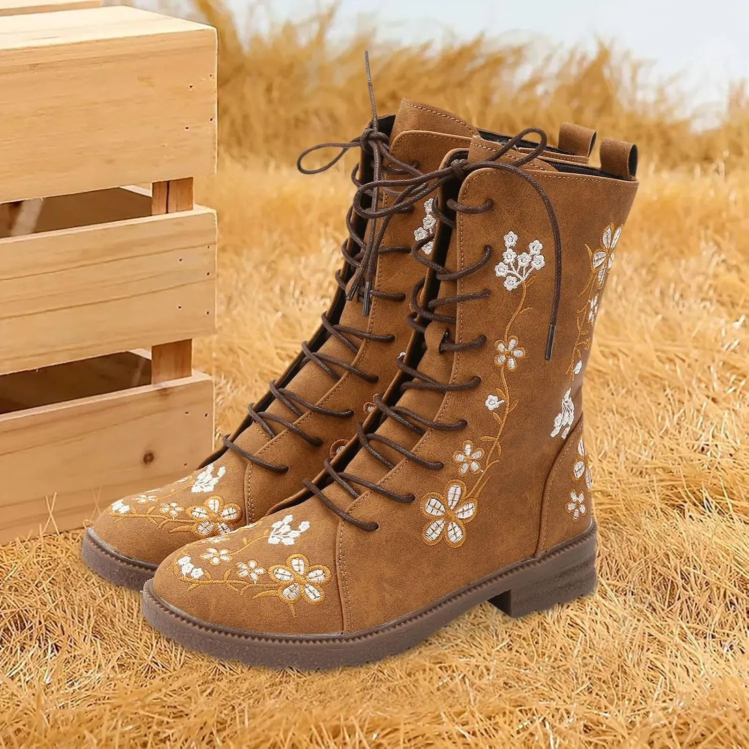 Womens Boots Winter Boots for Women Fashion Retro Printing Embroidery Square Heel Colorblocking Ethnic Short Boots