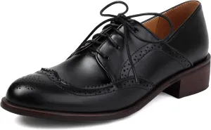 Women's Oxford Low Heels Comfortable Brogue Wingtip Business Formal Shoes Dress Vintage Lace Up Flat Round Toe Pumps