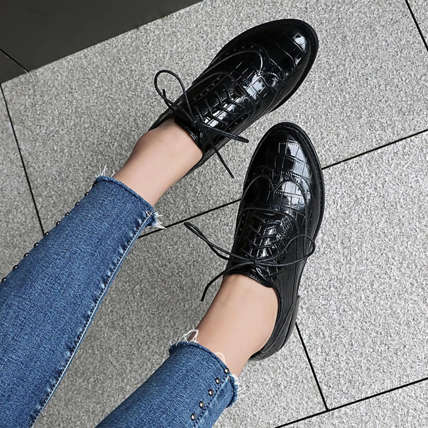 Women's Print Leather Low Heel Brogue Oxford Shoes Fashion Wingtip Comfort Non Slip Lace Up Block Heel Dress Shoes for Business Evening Dating