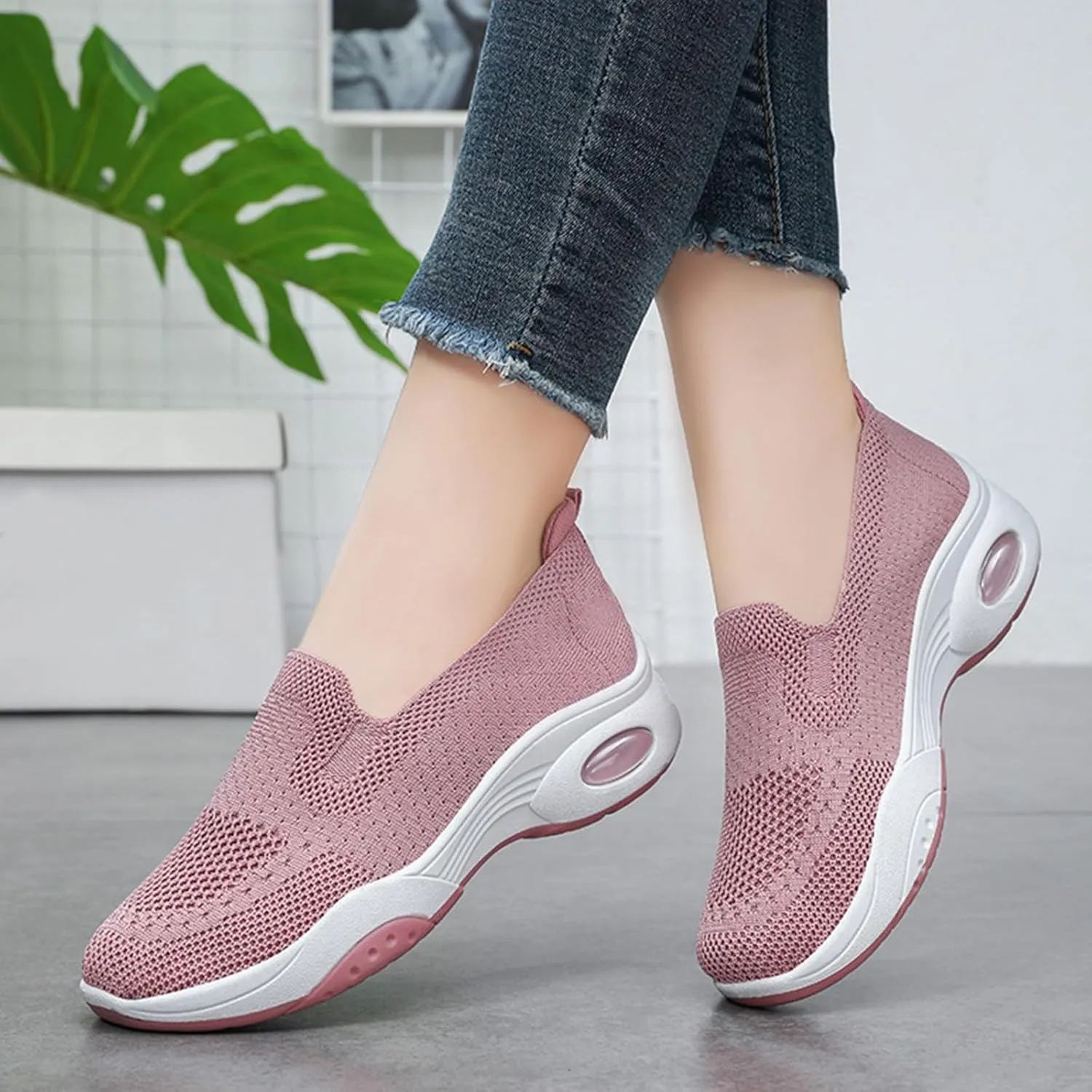 Womens Walking Shoes Sock Sneakers Slip-On Light Air Cushion Mesh Breathable Comfortable Casual Ladies Air Cushion Athletic Shoes for Arch Support Jogging Shoe