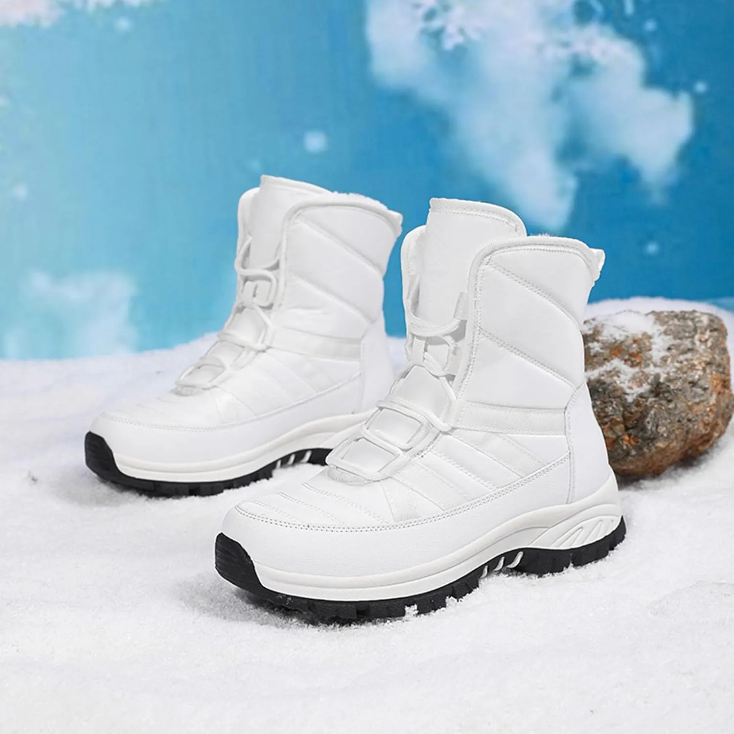 Womens Winter Snow Boots - Ankle Boots for Women Waterproof Walking Shoes Comfortable Hiking Tennis Booties Chunky Heel Lace Up Mid Calf Warm Lightweight Cold Weather Boots