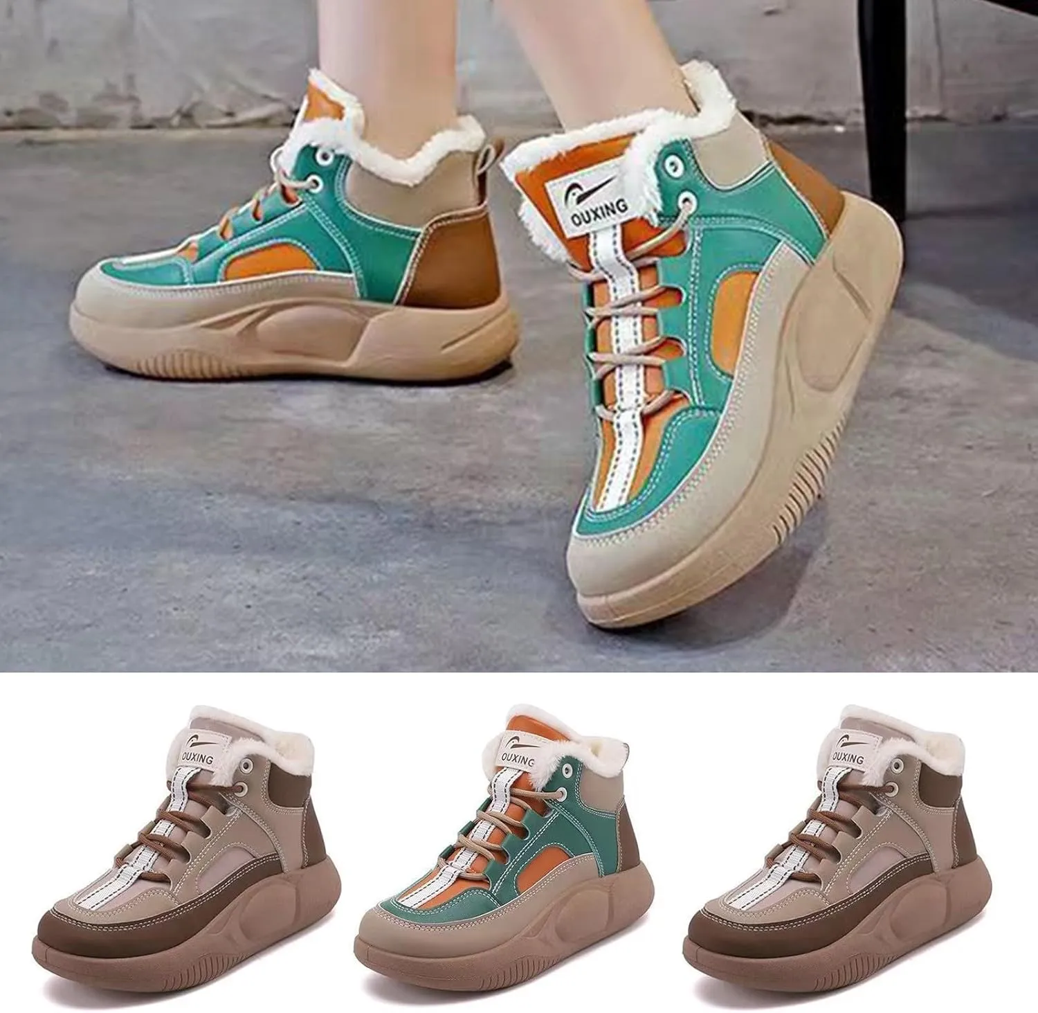 Women's Winter Snow Boots Platform Sneakers for Women Faux Fur Waterproof Ankle Booties Ladies Comfortable Short Boots Anti-Slip Outdoor Hiking Shoes Fashion Lace Up High-Top Sneakers