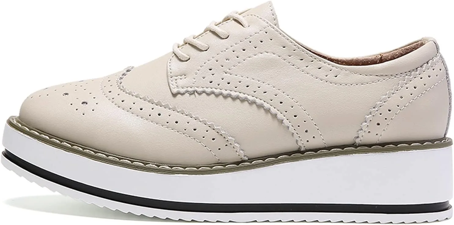 WUIWUIYU Women's Platform Lace-Up Wingtips Square Toe Oxfords Shoes