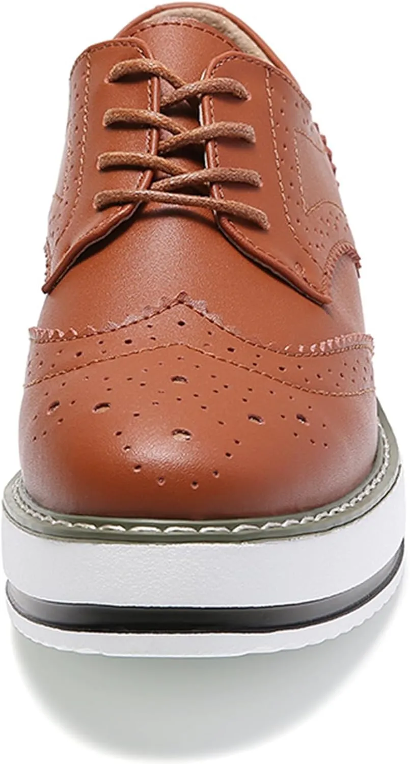 WUIWUIYU Women's Platform Lace-Up Wingtips Square Toe Oxfords Shoes