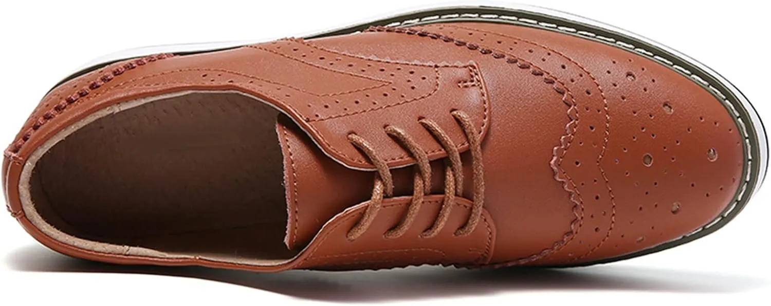 WUIWUIYU Women's Platform Lace-Up Wingtips Square Toe Oxfords Shoes