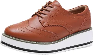 WUIWUIYU Women's Platform Lace-Up Wingtips Square Toe Oxfords Shoes