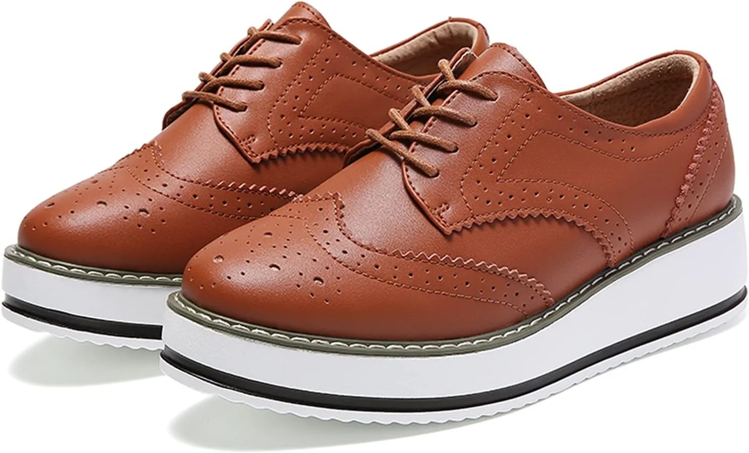 WUIWUIYU Women's Platform Lace-Up Wingtips Square Toe Oxfords Shoes