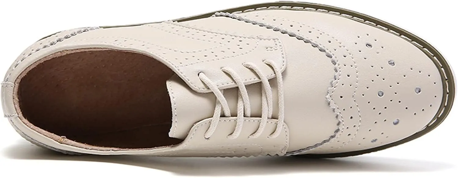 WUIWUIYU Women's Platform Lace-Up Wingtips Square Toe Oxfords Shoes