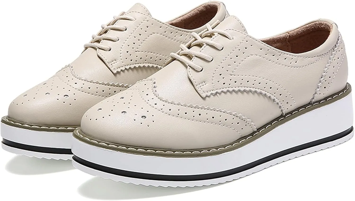 WUIWUIYU Women's Platform Lace-Up Wingtips Square Toe Oxfords Shoes