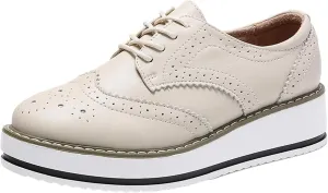 WUIWUIYU Women's Platform Lace-Up Wingtips Square Toe Oxfords Shoes