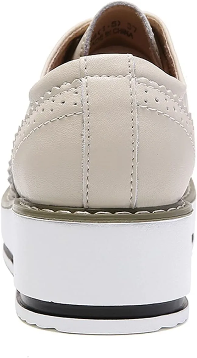 WUIWUIYU Women's Platform Lace-Up Wingtips Square Toe Oxfords Shoes