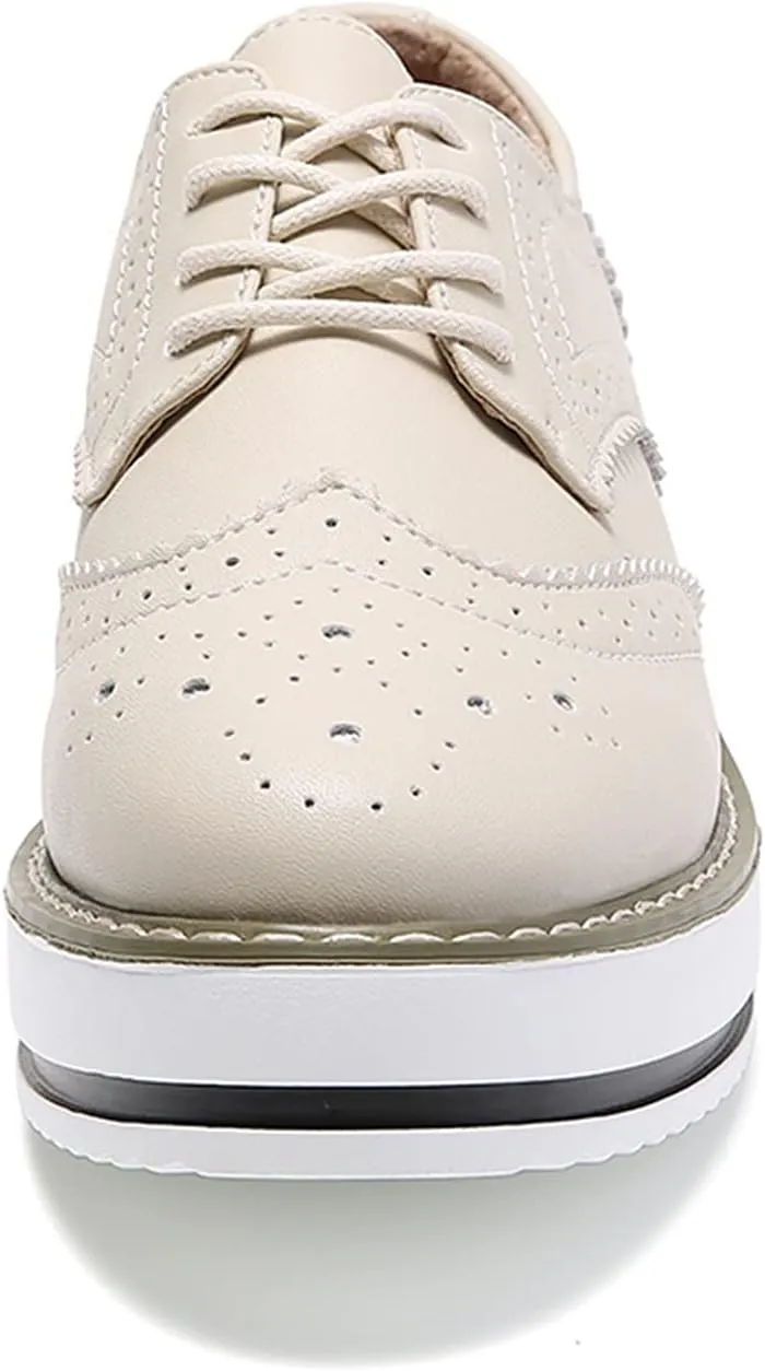 WUIWUIYU Women's Platform Lace-Up Wingtips Square Toe Oxfords Shoes