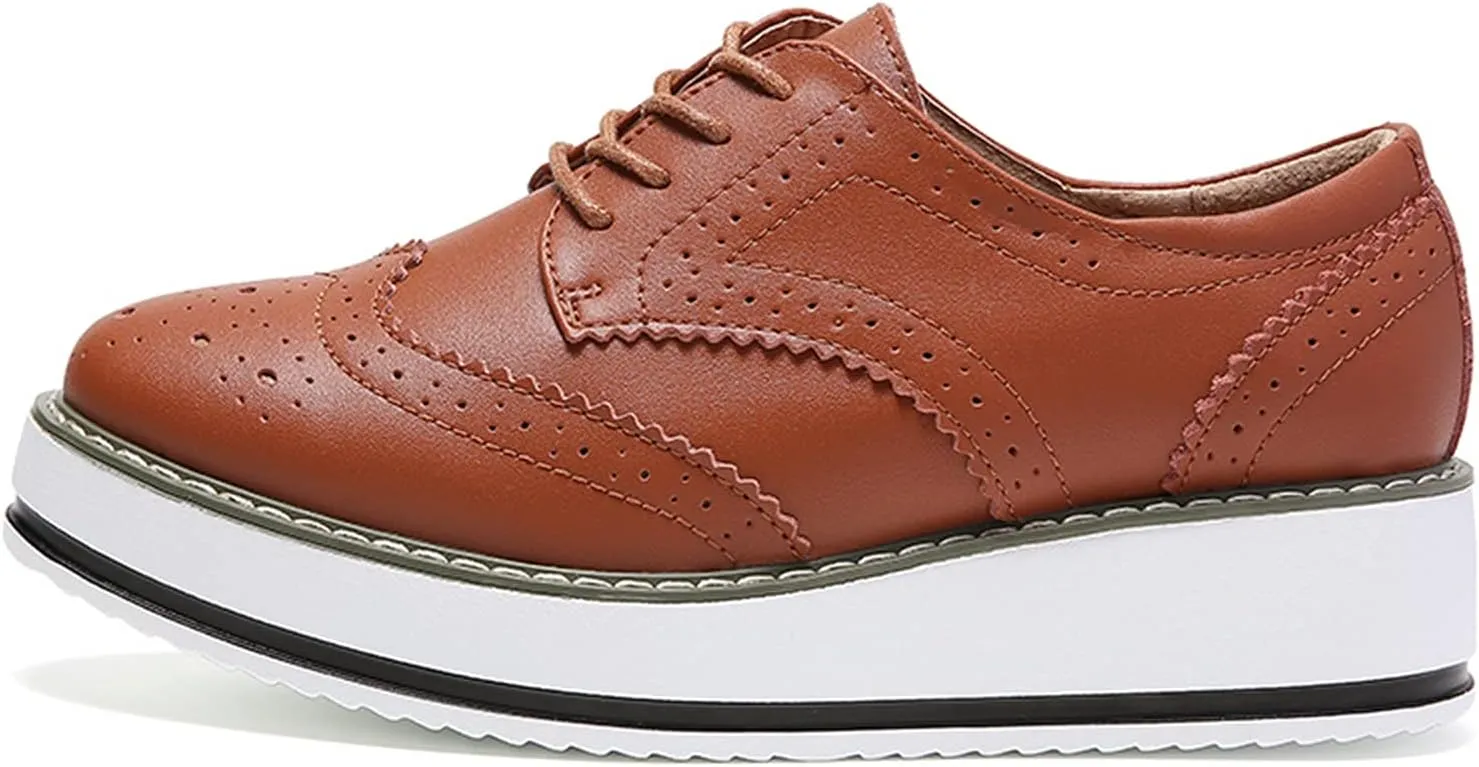 WUIWUIYU Women's Platform Lace-Up Wingtips Square Toe Oxfords Shoes